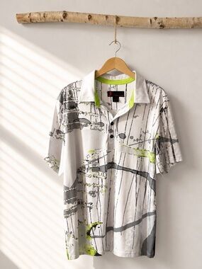 jamie sadock White Polo with Gray Abstract Print and Lime Trim